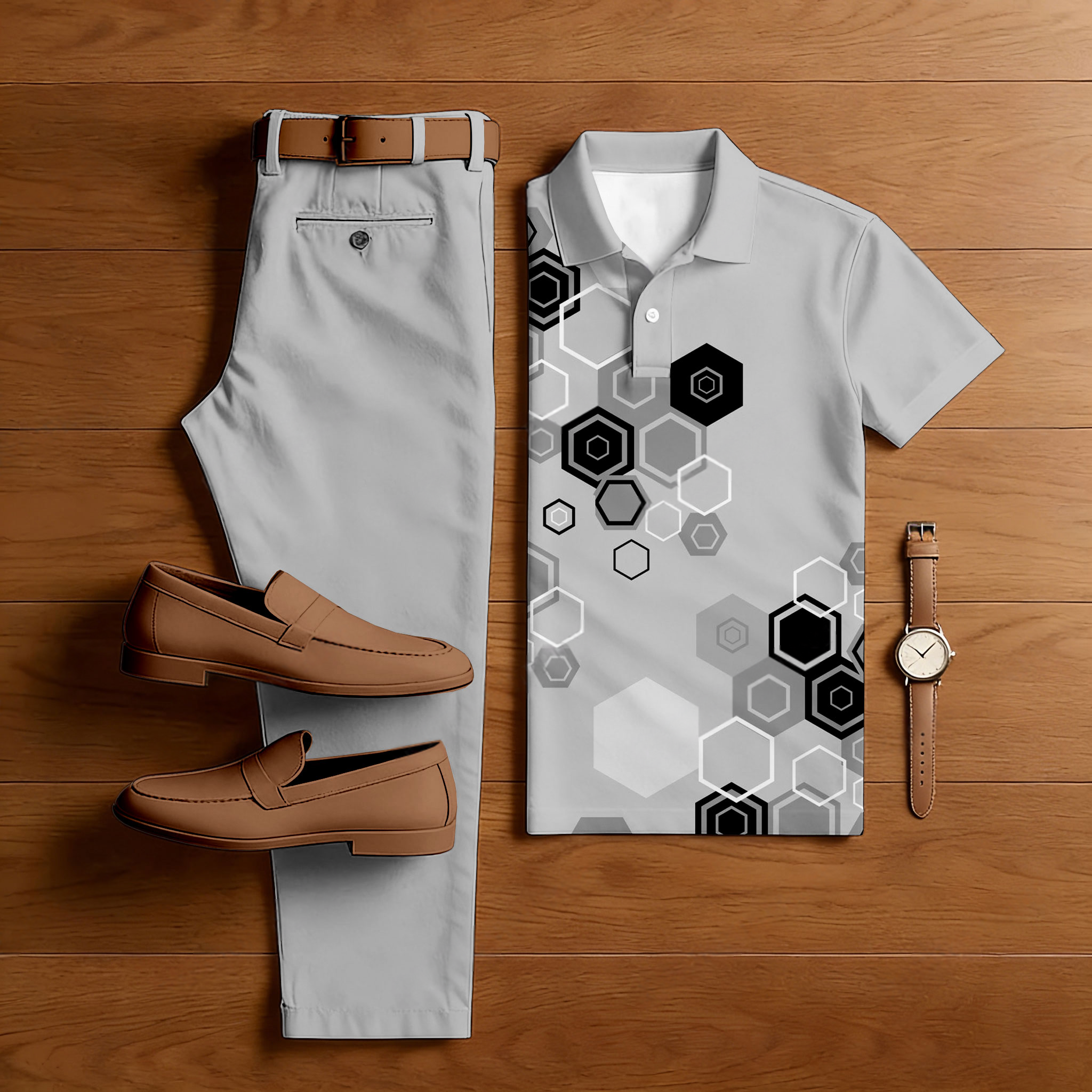 Men's Casual Gray Color Matching Geometric Printed Short Sleeved Polo Shirt & Trousers Two-Piece Set
