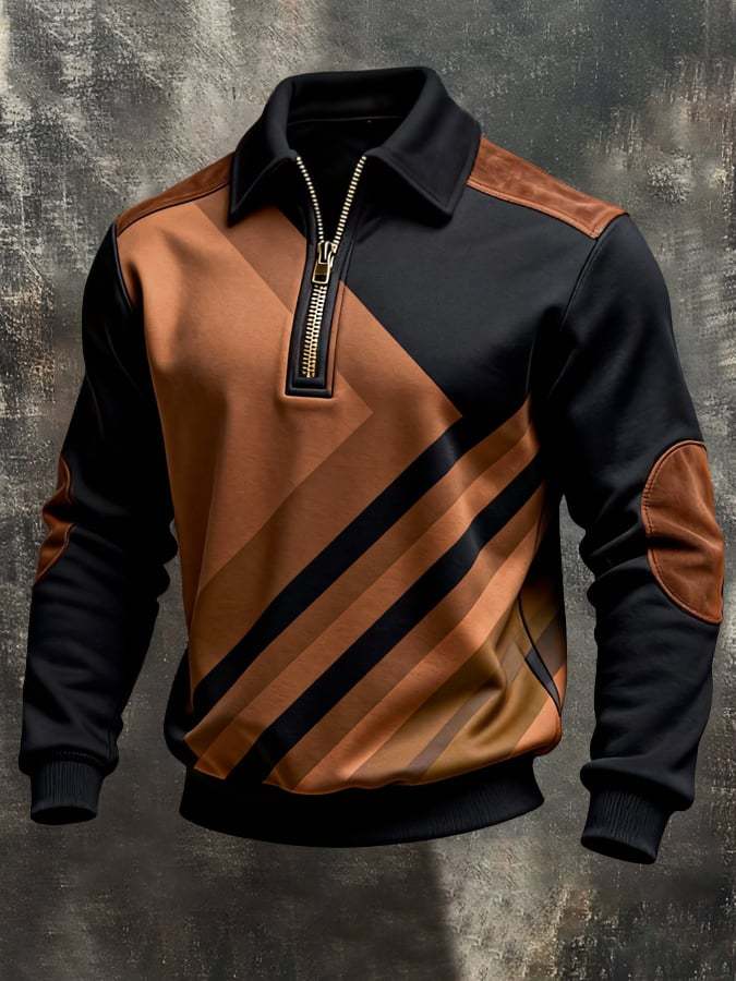 Men's Retro Color Block Print Color-Blocked Zip-Up Sweatshirt
