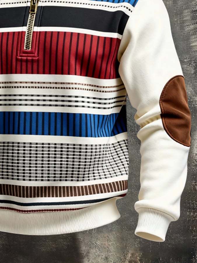 Men's Retro Color Block Print Color-Blocked Zip-Up Sweatshirt