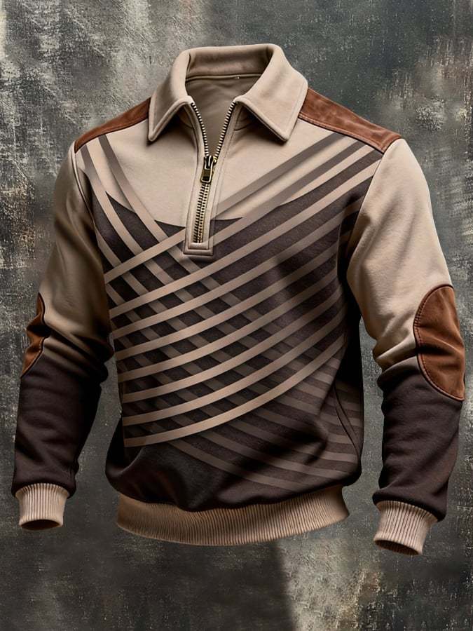Men's Retro Color Block Print Color-Blocked Zip-Up Sweatshirt