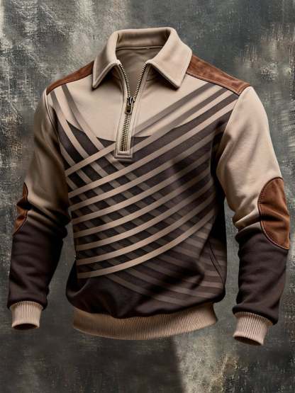 Men's Retro Color Block Print Color-Blocked Zip-Up Sweatshirt