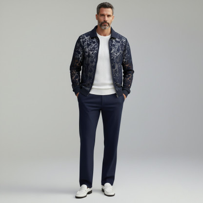 Men's Stylish Midnight Blue Guipure Lace Ribbed Cuffs Turndown Collar Zipper Jacket