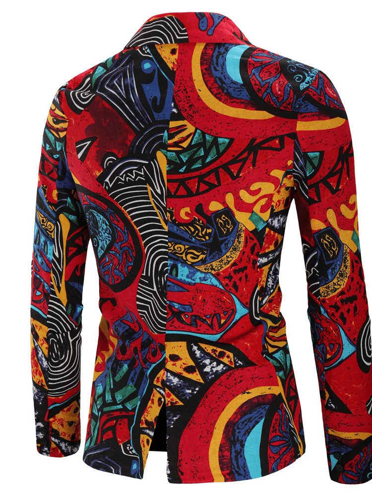 Men's casual cotton and linen ethnic style printed suit