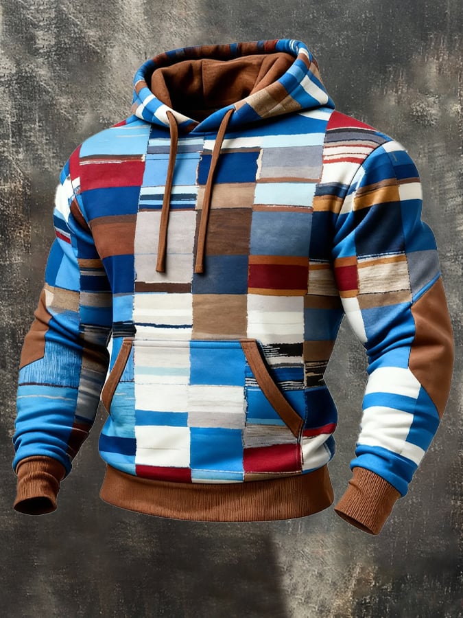 Men's Retro Distressed Color Block Print Casual Long Sleeve Sweatshirt