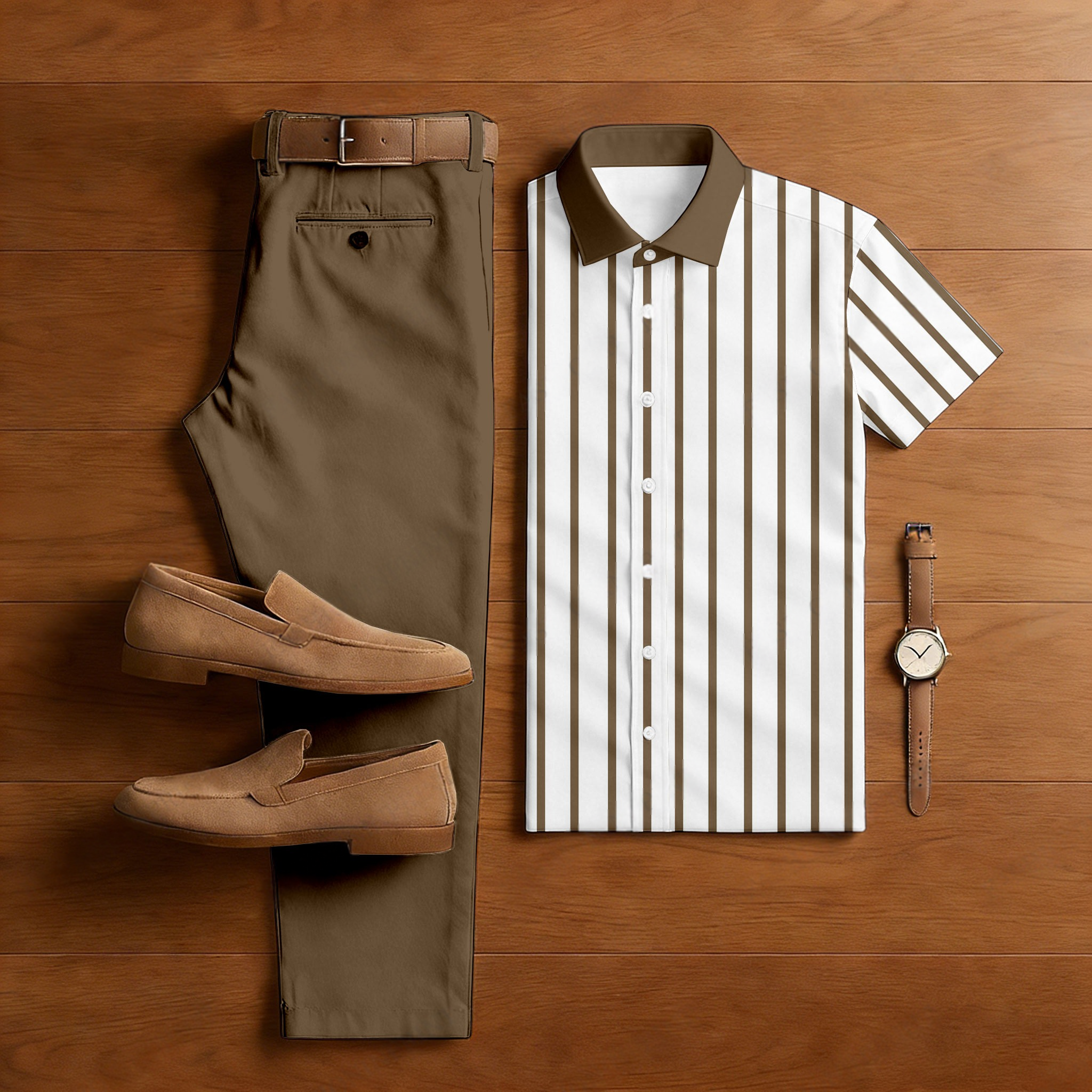 Men's Casual Brown & White Color Matching Striped Printed Short Sleeved Shirt & Trousers Two-Piece Set