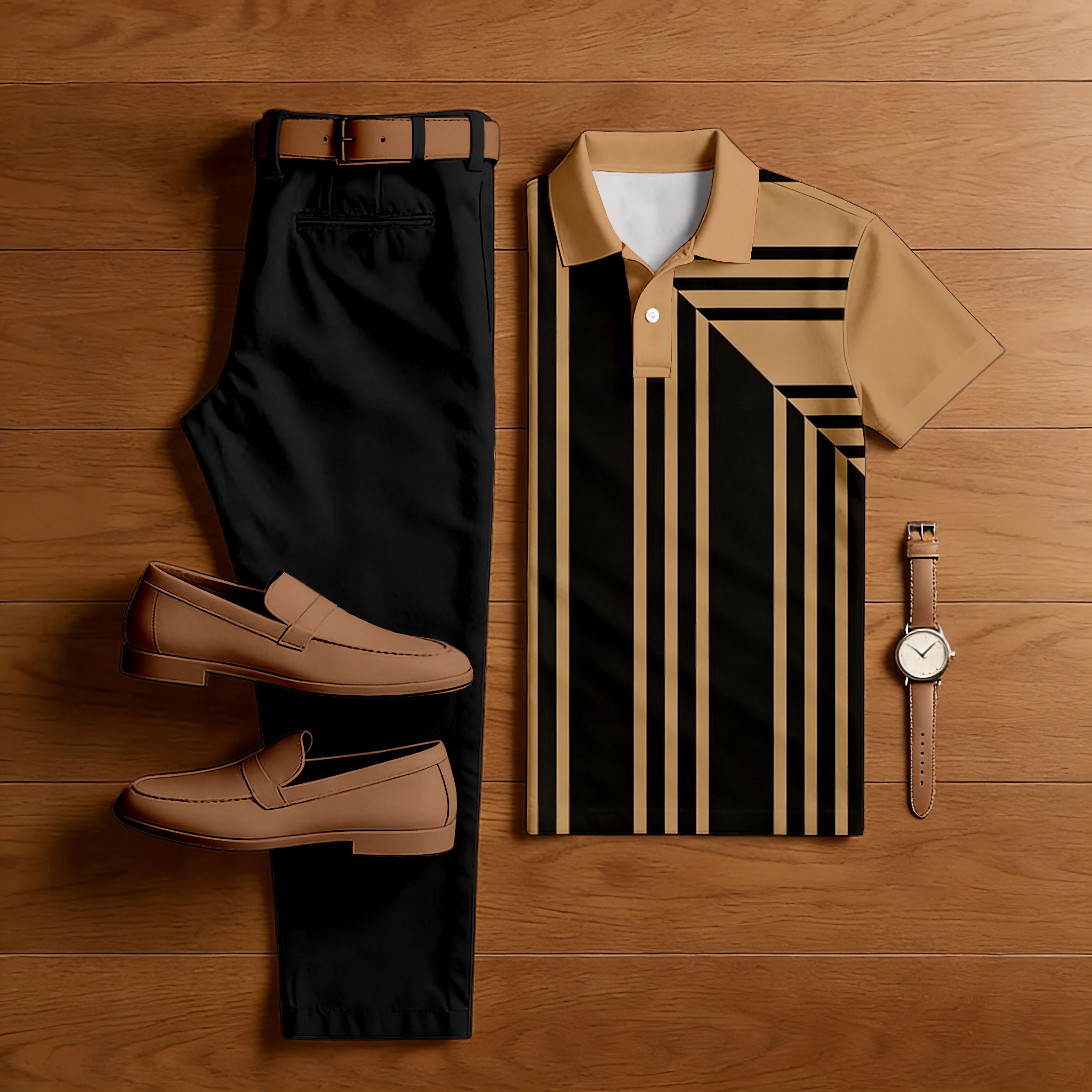 Men's Casual Brown & Black Color Matching Geometric Printed Short Sleeved Polo Shirt & Trousers Two-Piece Set