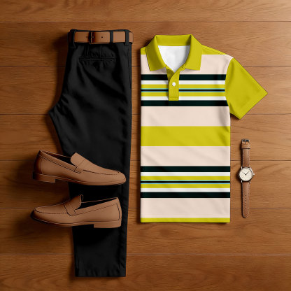 Men's Casual Black & Green Yellow Color Matching Striped Printed Short Sleeved Polo Shirt & Trousers Two-Piece Set