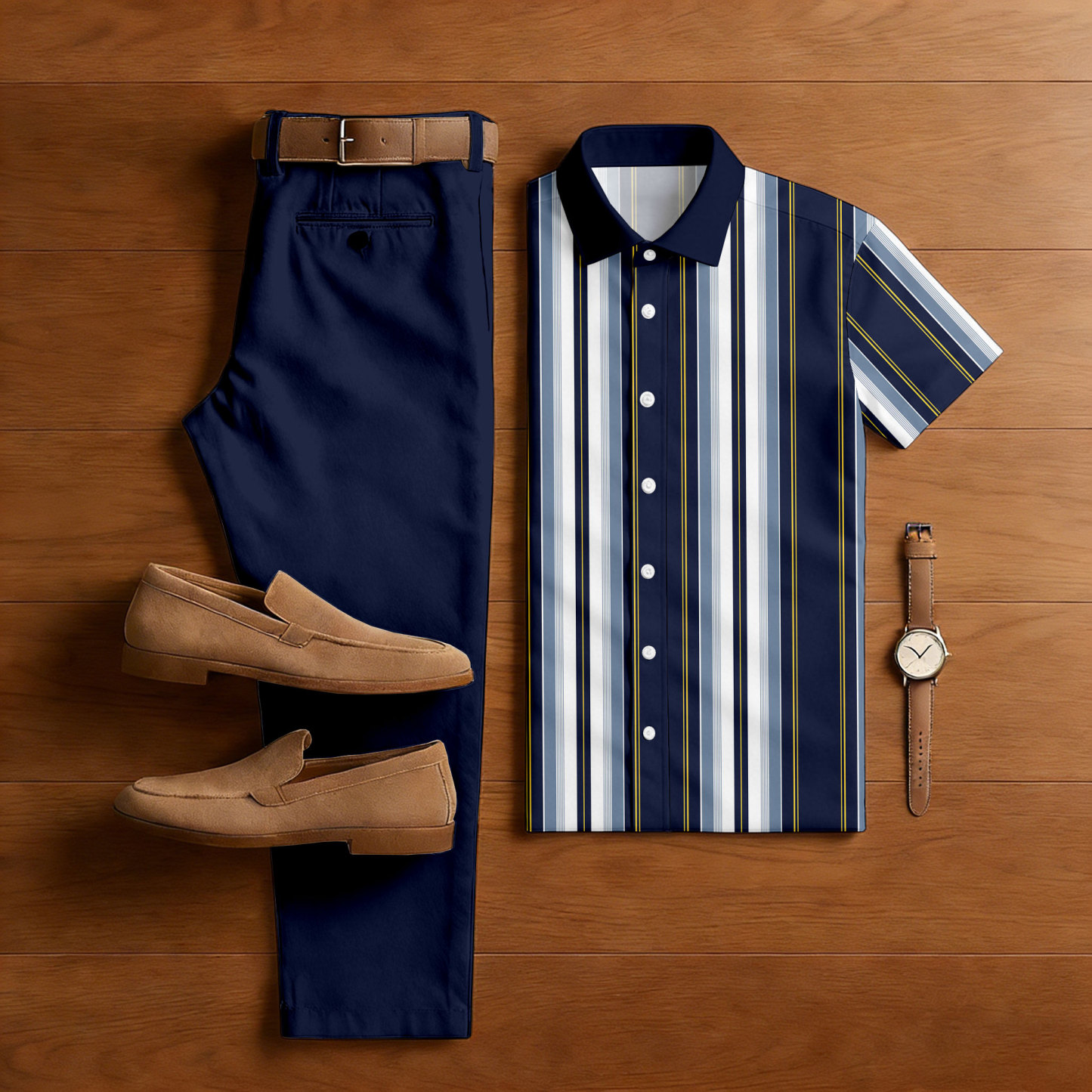 Men's Casual Navy Blue & White Color Matching Striped Print Short-Sleeve Shirt & Trousers Two-Piece Set