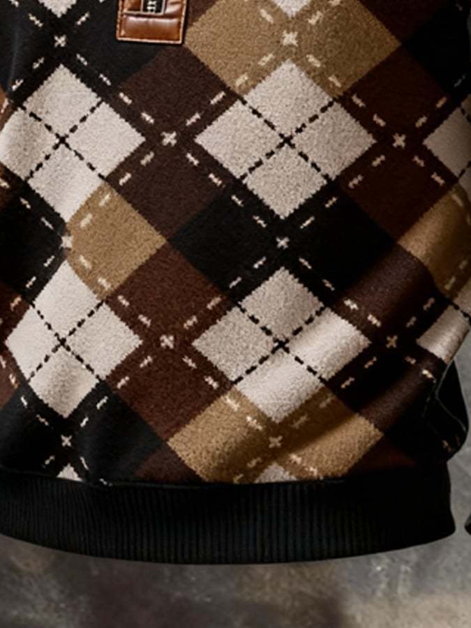 Men'S Casual Retro Contrast Color Half Zip Stand Collar Long Sleeve Sweatshirt