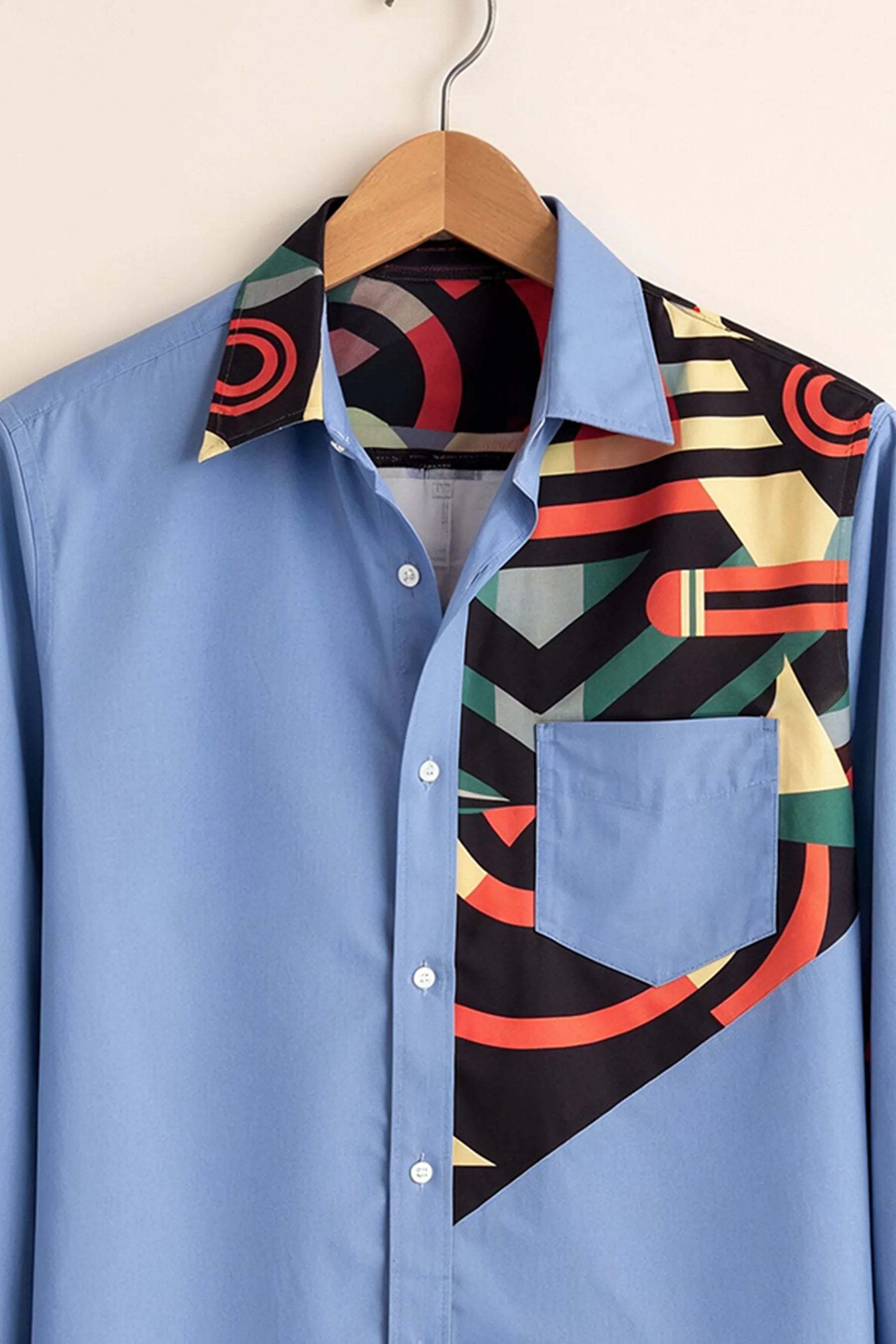 Geometric Contrast Panel Shirt – Sky Blue