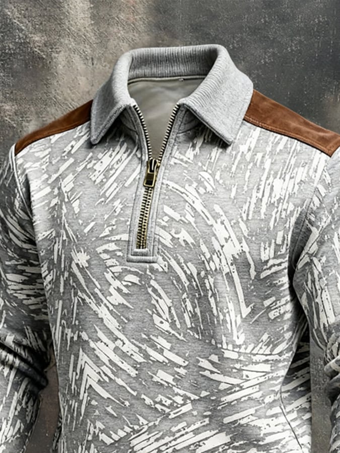 Men's Retro Color Block Print Color-Blocked Zip-Up Sweatshirt