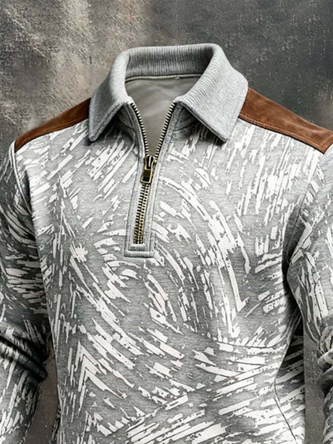 Men's Retro Color Block Print Color-Blocked Zip-Up Sweatshirt