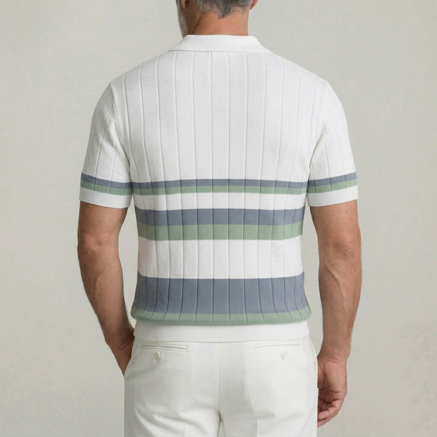Men's White Contrast Striped Ribbed Knit Business Casual Polo Shirt