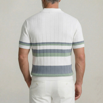 Men's White Contrast Striped Ribbed Knit Business Casual Polo Shirt