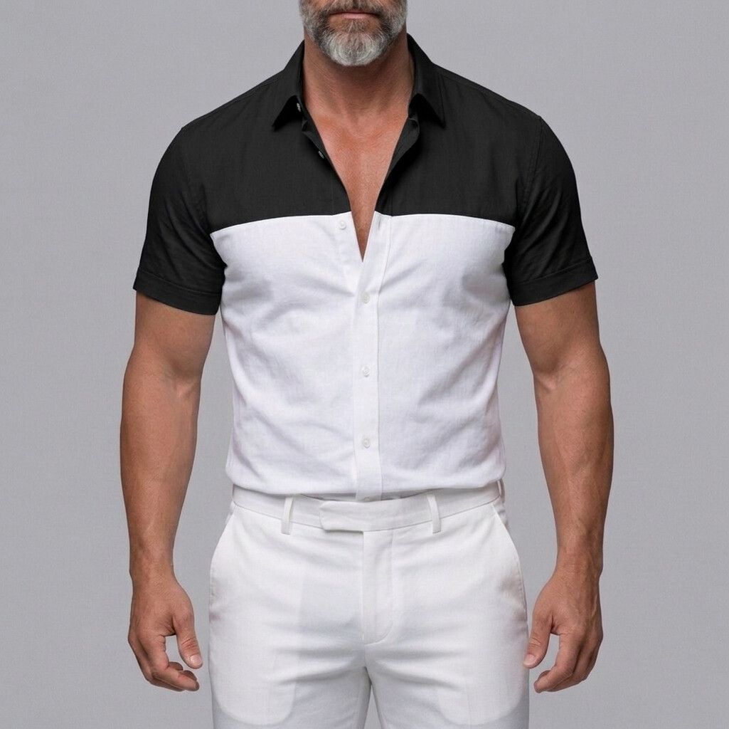 Men's Casual Colorblock Single Breasted Slim Fit Short Sleeve Shirt