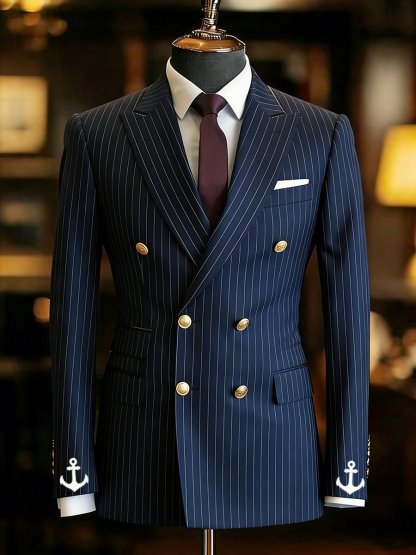 Men's Vintage Commemorative Edition Navy Striped Suit Jacket