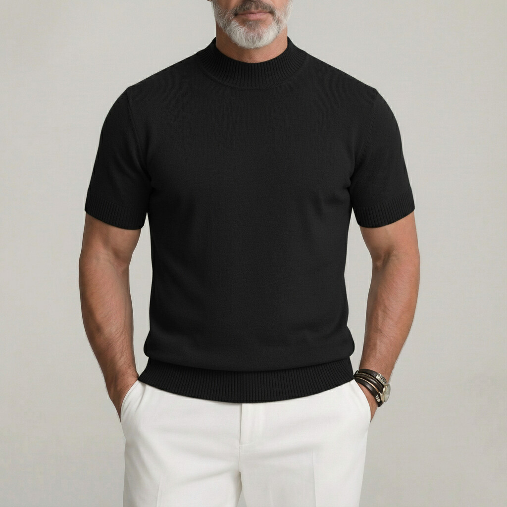 Men's Plain Ribbed Trim Crew Neck Slim Fit Knitted Short Sleeve T-Shirt