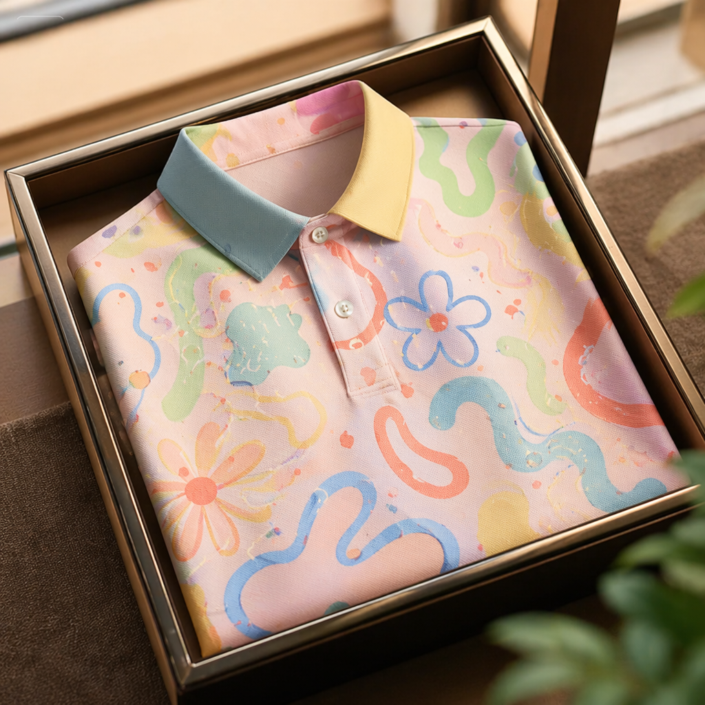 Art Pastel Floral Contrast Collar Short Sleeve Polo