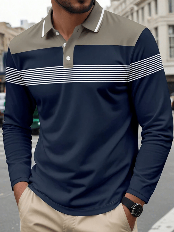 Men's Striped Business Casual Long Sleeve Polo Shirt
