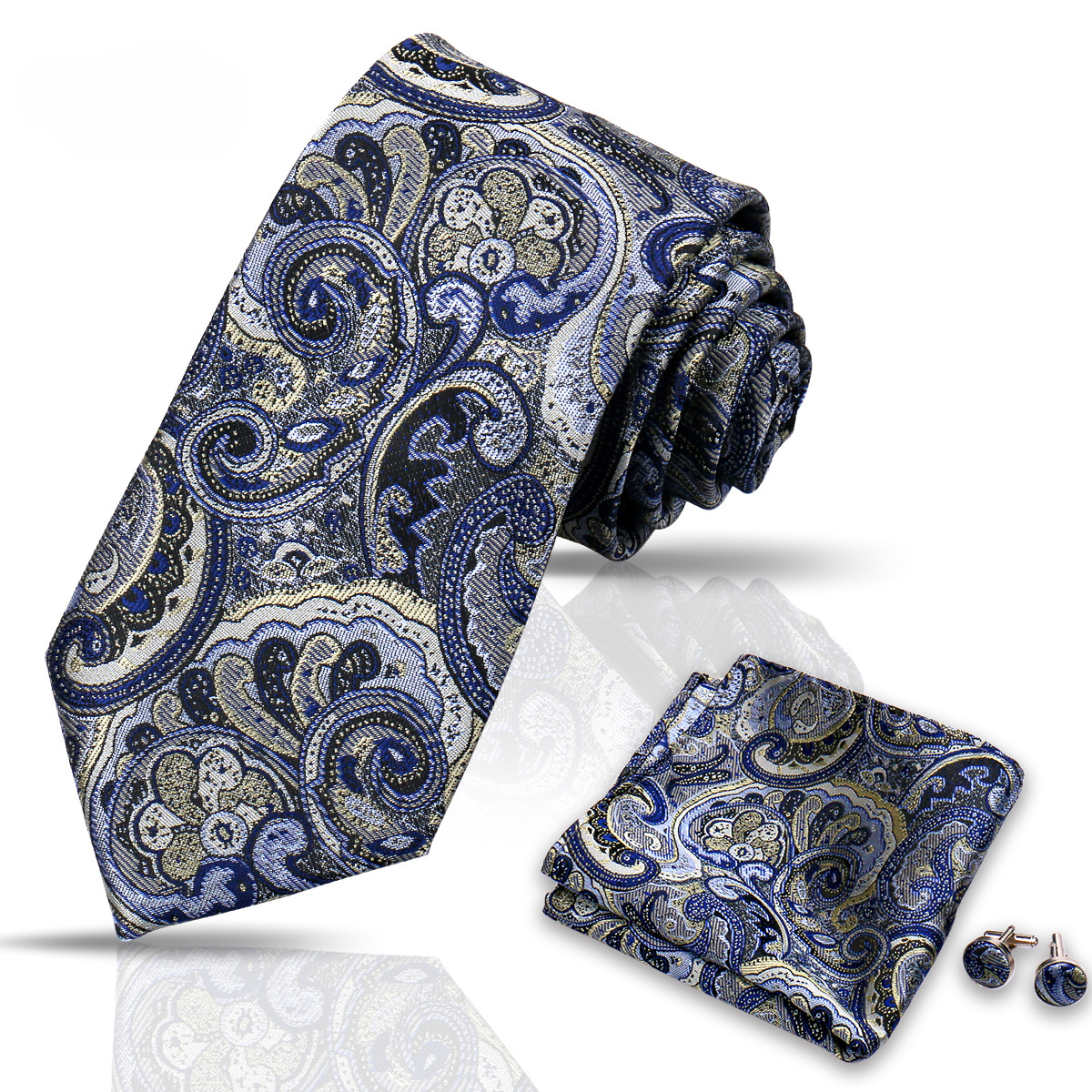 Men's Tie and Pocket Square and Clip Cufflinks Set