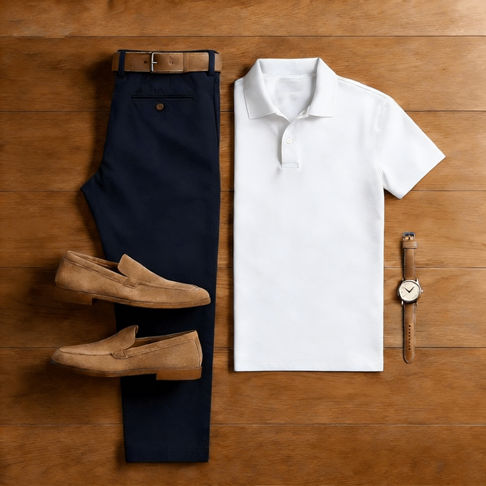 Men's Casual White & Navy Blue Solid Color Matching Short Sleeved Polo Shirt & Trousers Two-Piece Set
