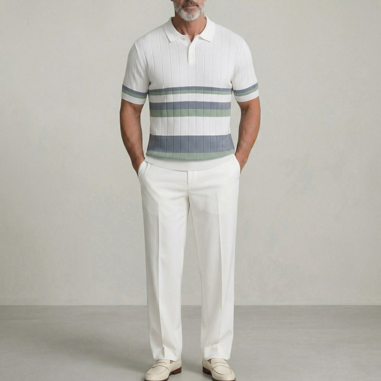 Men's White Contrast Striped Ribbed Knit Business Casual Polo Shirt