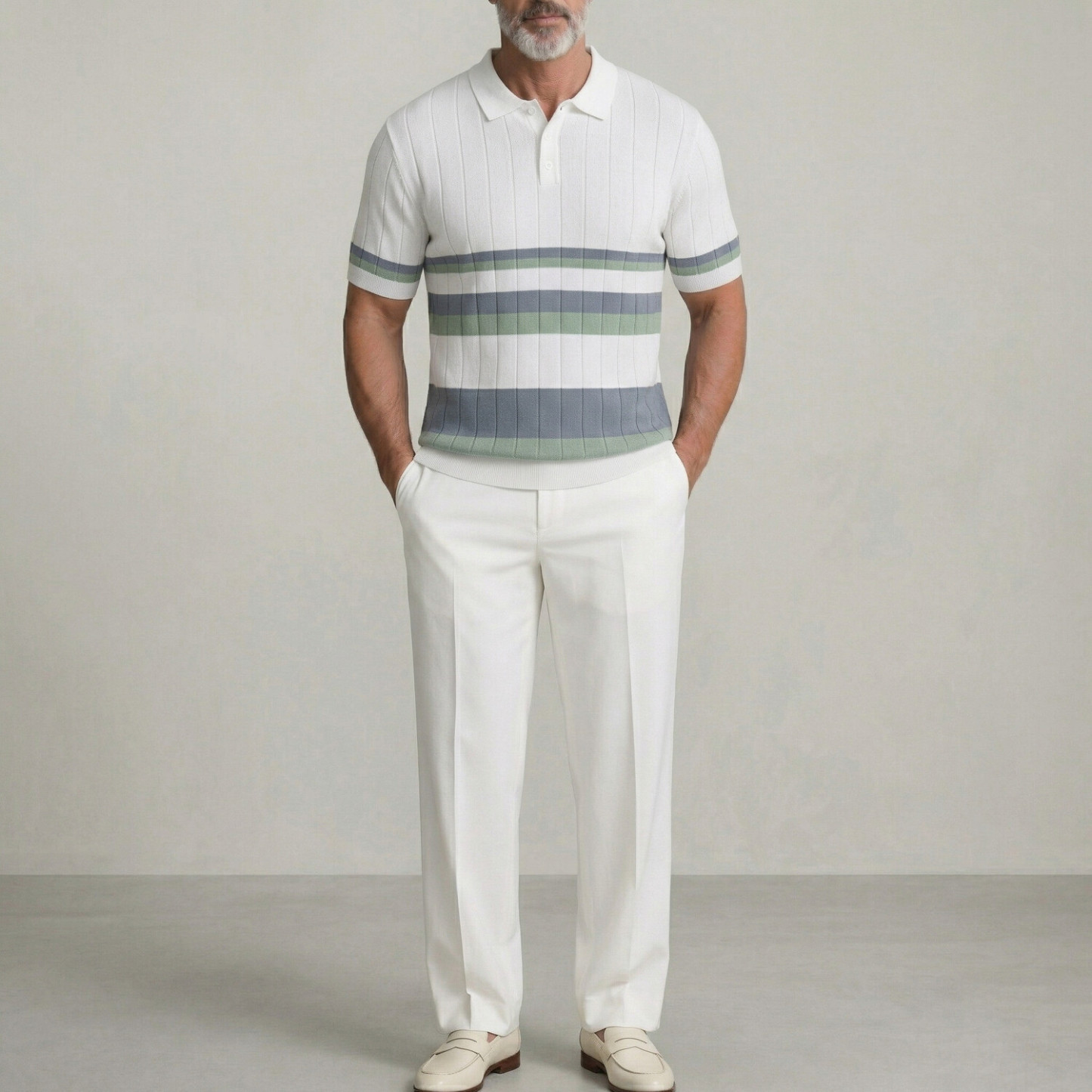 Men's White Contrast Striped Ribbed Knit Business Casual Polo Shirt