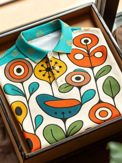 Retro Abstract Flower Bird Print Short Sleeve Polo