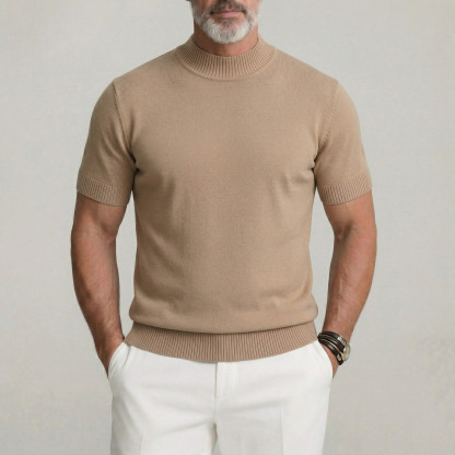 Men's Plain Ribbed Trim Crew Neck Slim Fit Knitted Short Sleeve T-Shirt