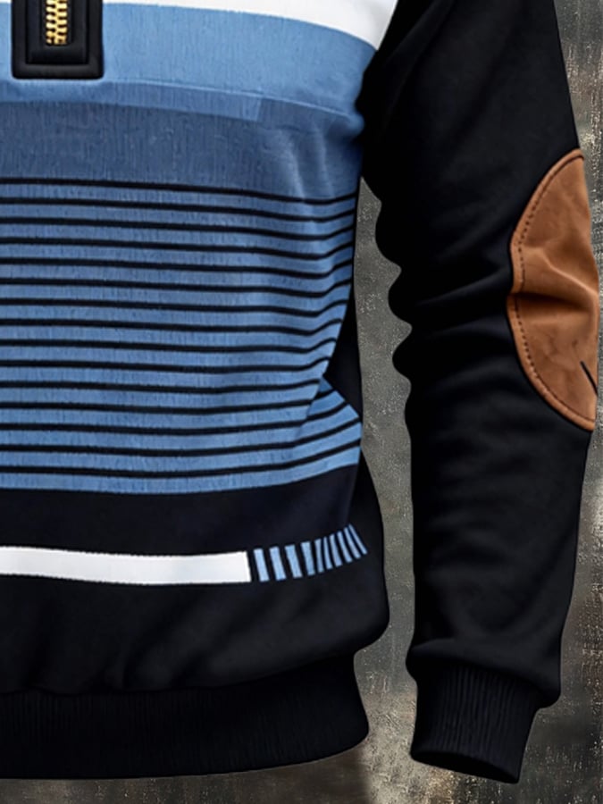 Men's Retro Color Block Print Zipper Sweatshirt