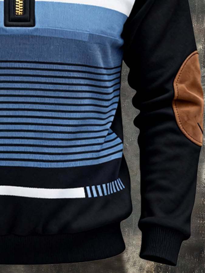 Men's Retro Color Block Print Zipper Sweatshirt