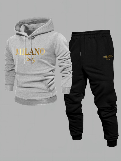 Men's Casual Color Matching Printed Hoodies Long Sleeved Sweatshirts & Sweatpants Two-Piece Set
