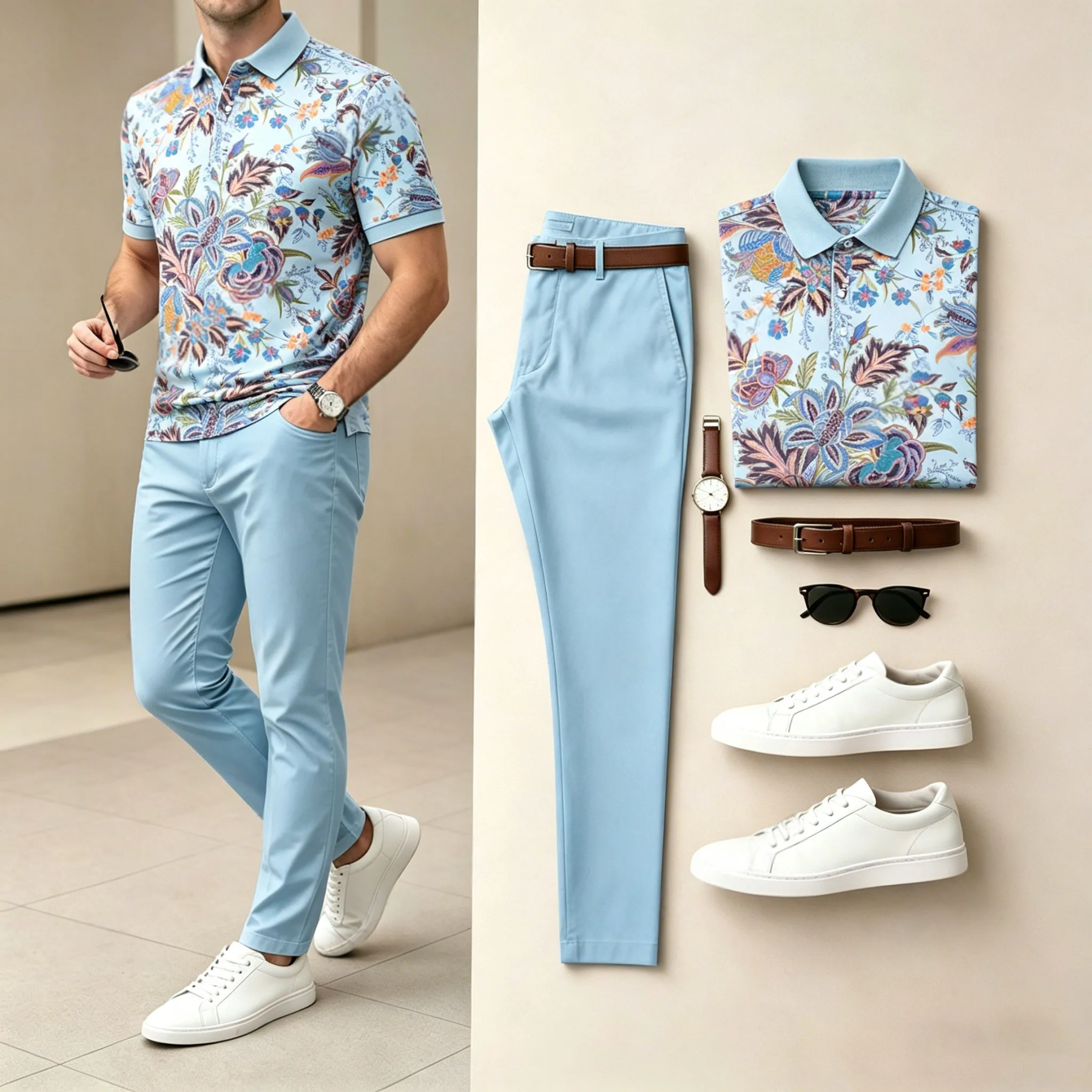 Men's Light And Mature Style, Simple Color Matching Short Sleeved Polo Shirt & Pants Two-Piece Set