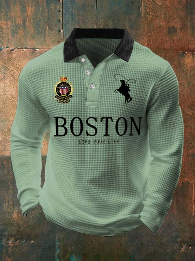 Men's Retro Business Casual Waffle Fabric Long Sleeve Polo Shirt