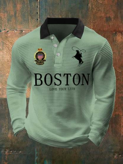 Men's Retro Business Casual Waffle Fabric Long Sleeve Polo Shirt