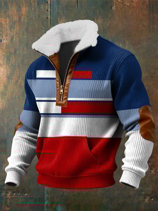 Men's Retro Abstract Art Print Zippered Fur Collar Pocket Patchwork Long-Sleeved Sweatshirt