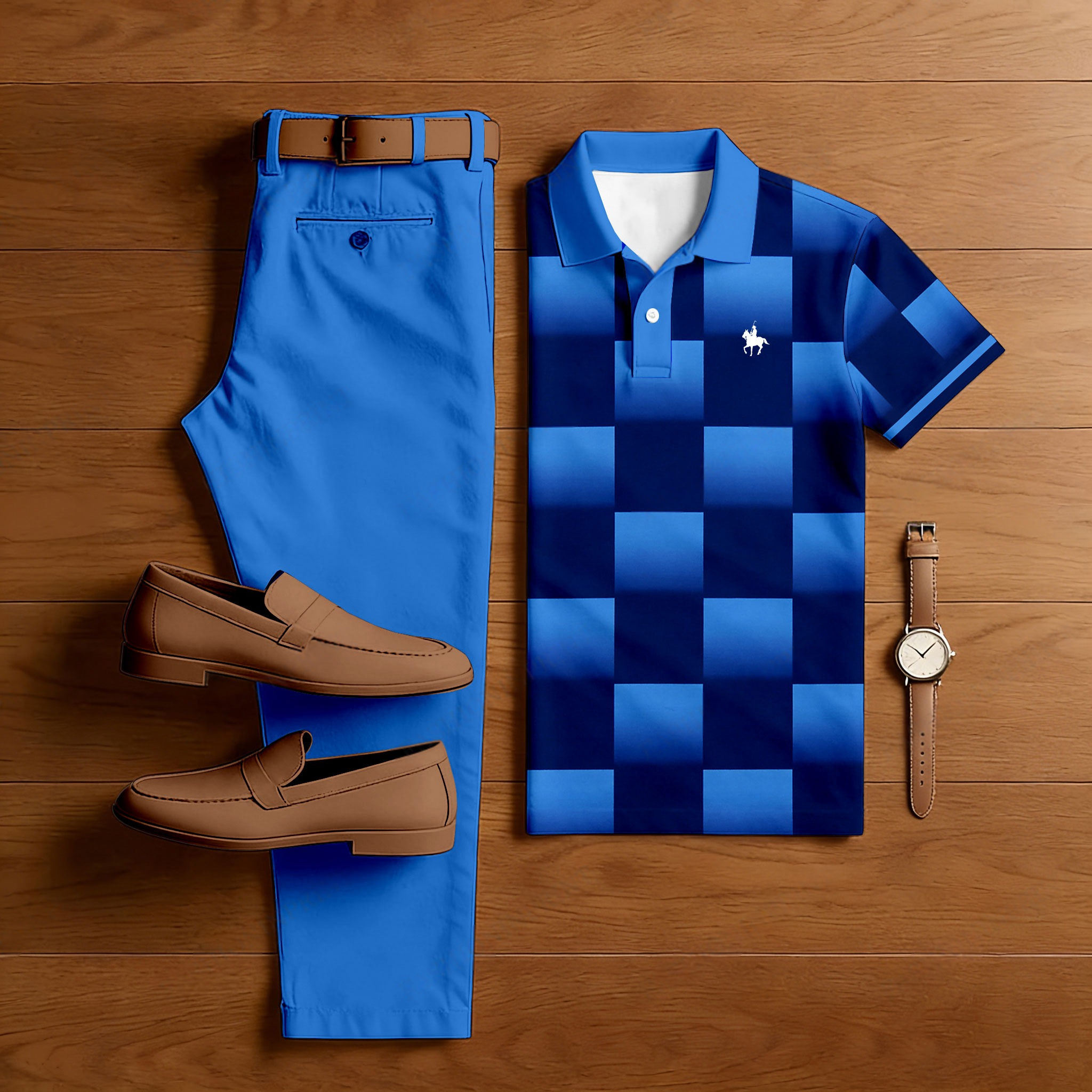 Men's Casual Dark Blue Color Matching Geometric Printed Short Sleeved Polo Shirt & Trousers Two-Piece Set