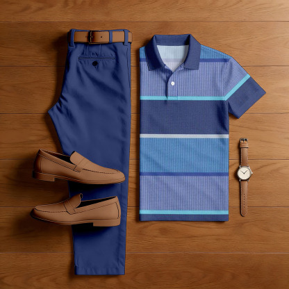 Men's Casual Multi Purple Color Matching Striped Printed Short Sleeved Polo Shirt & Trousers Two-Piece Set