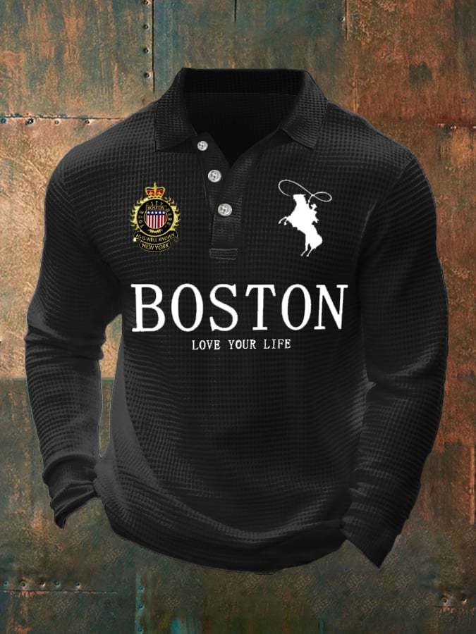 Men's Retro Business Casual Waffle Fabric Long Sleeve Polo Shirt