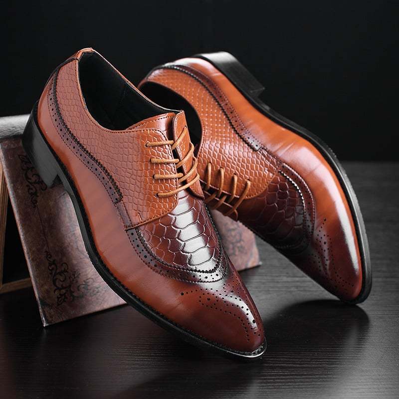 Men's Business Casual Pointed Toe Patchwork Lace Up Oxfords Faux Leather Brogues Shoes