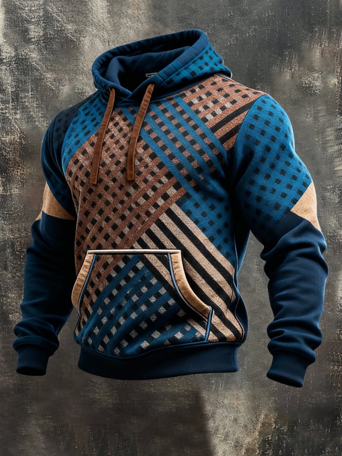 Men's Retro Distressed Color Block Print Casual Long Sleeve Sweatshirt