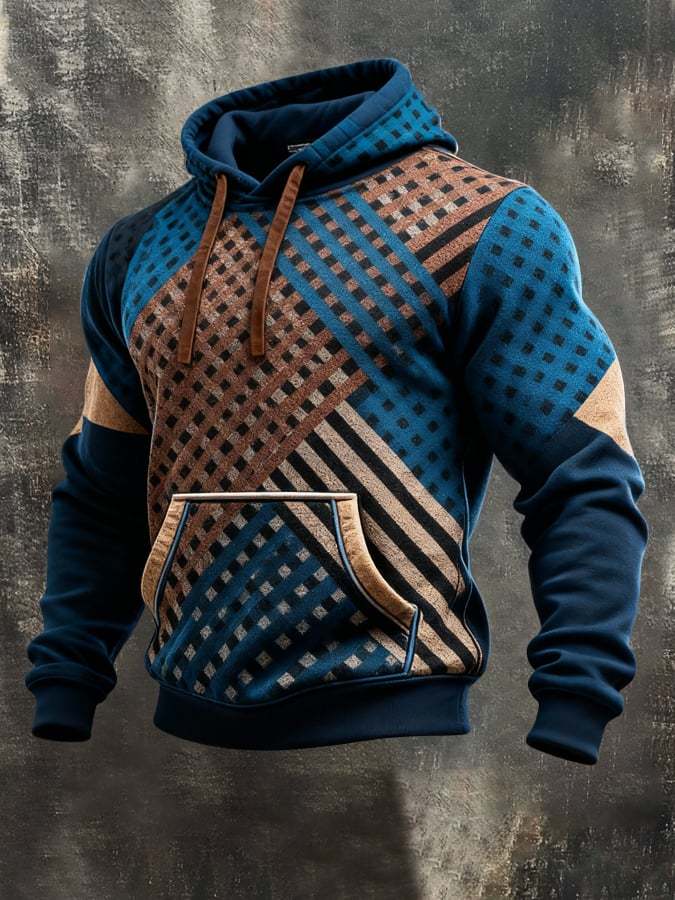 Men's Retro Distressed Color Block Print Casual Long Sleeve Sweatshirt