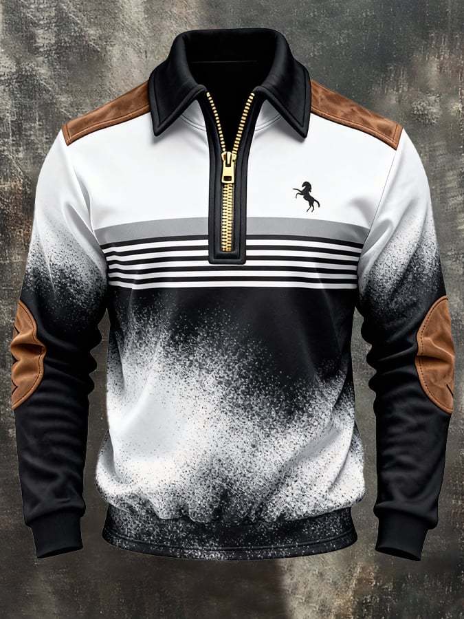 Men's Retro Color Block Print Zipper Sweatshirt