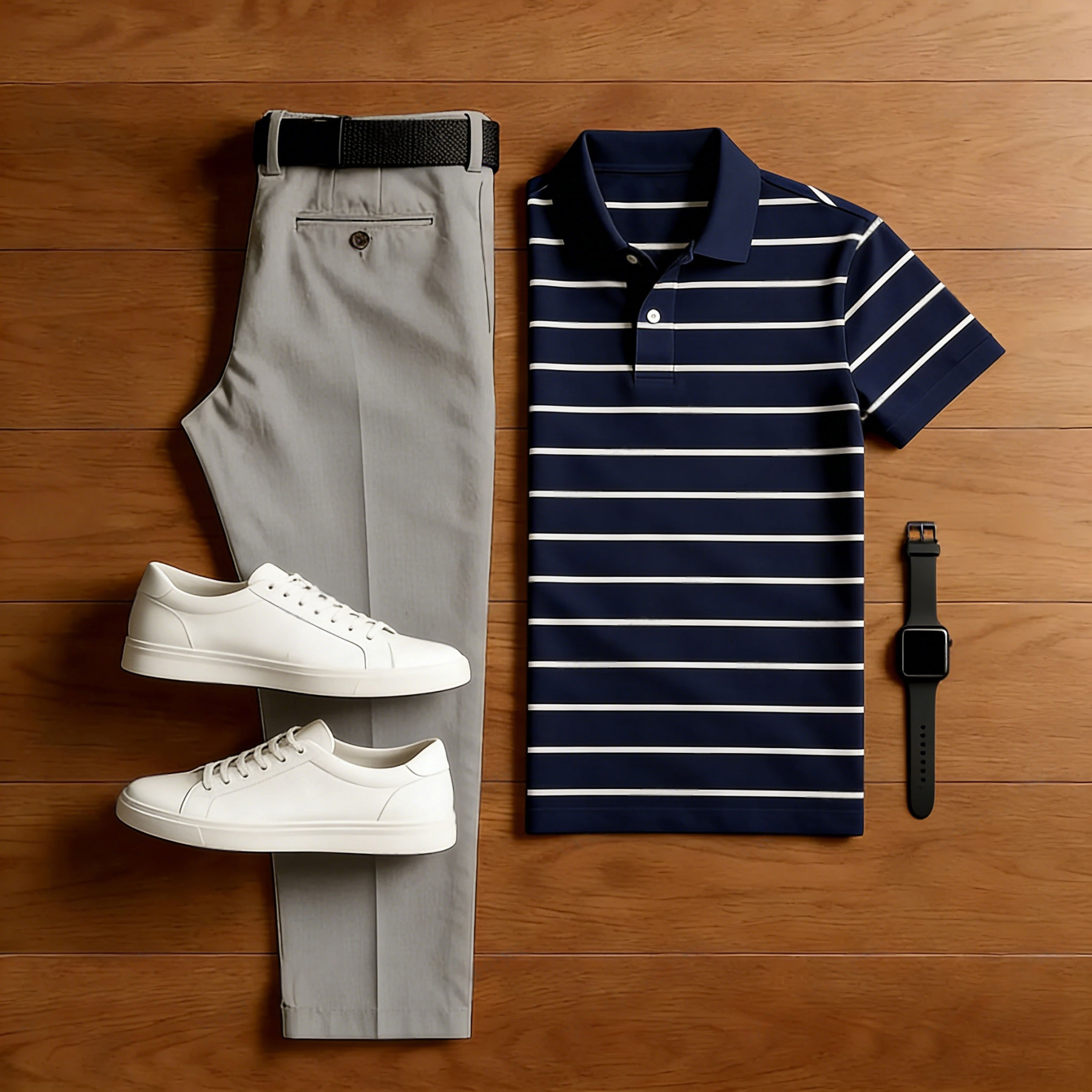 Men's Casual Black Striped Printed Polo Shirt And Trousers Two-Piece Set