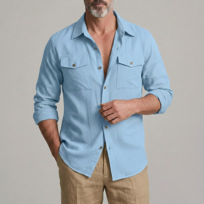 Men's Casual Solid Color Flap Pockets Single Breasted Long Sleeve Shirt