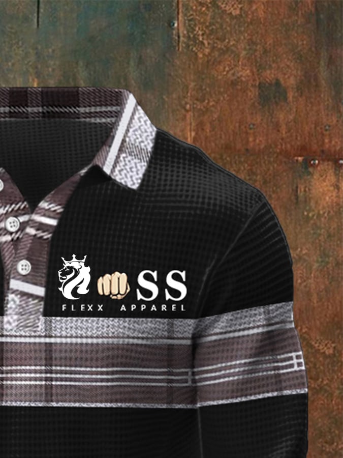 Men's Retro Letter Design Waffle Fabric Long Sleeve Polo Shirt