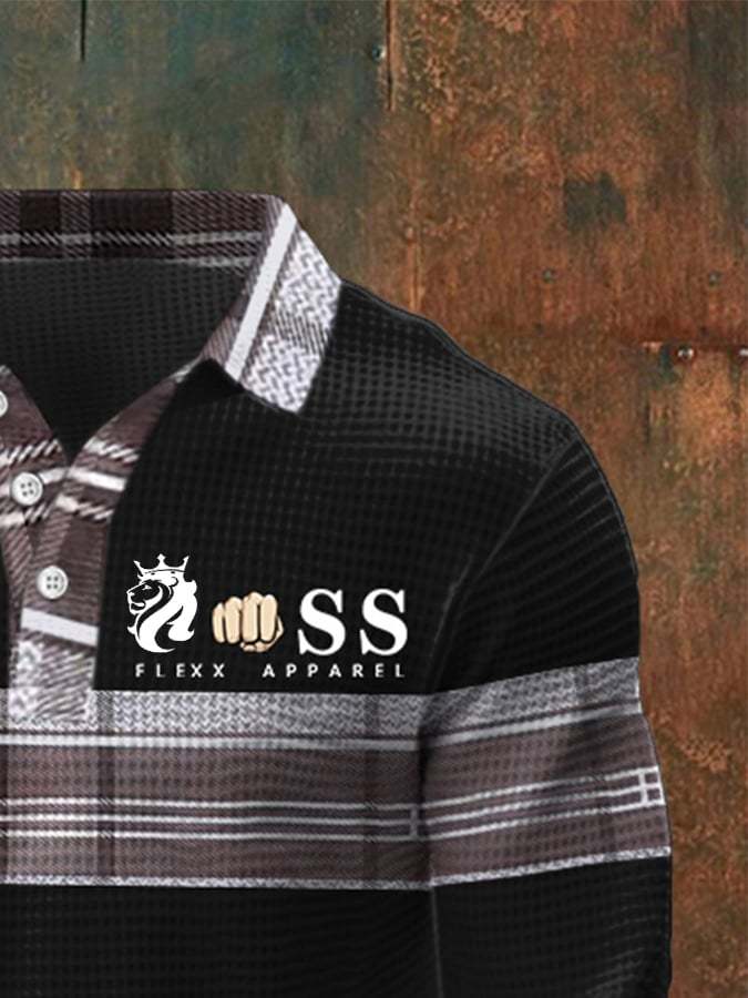 Men's Retro Letter Design Waffle Fabric Long Sleeve Polo Shirt