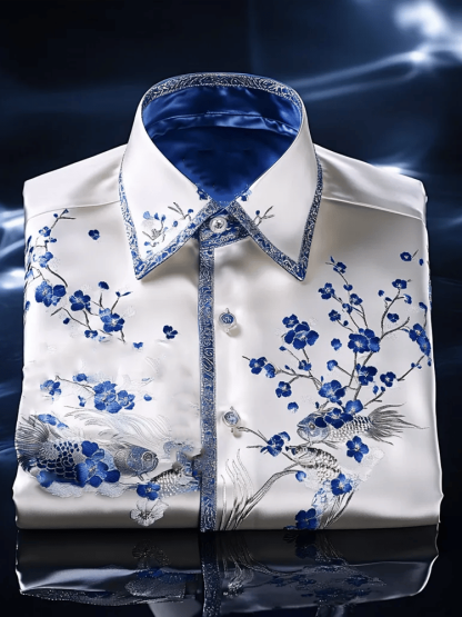 Men's Blue Ukiyo-e Luxury Long Sleeve Shirt