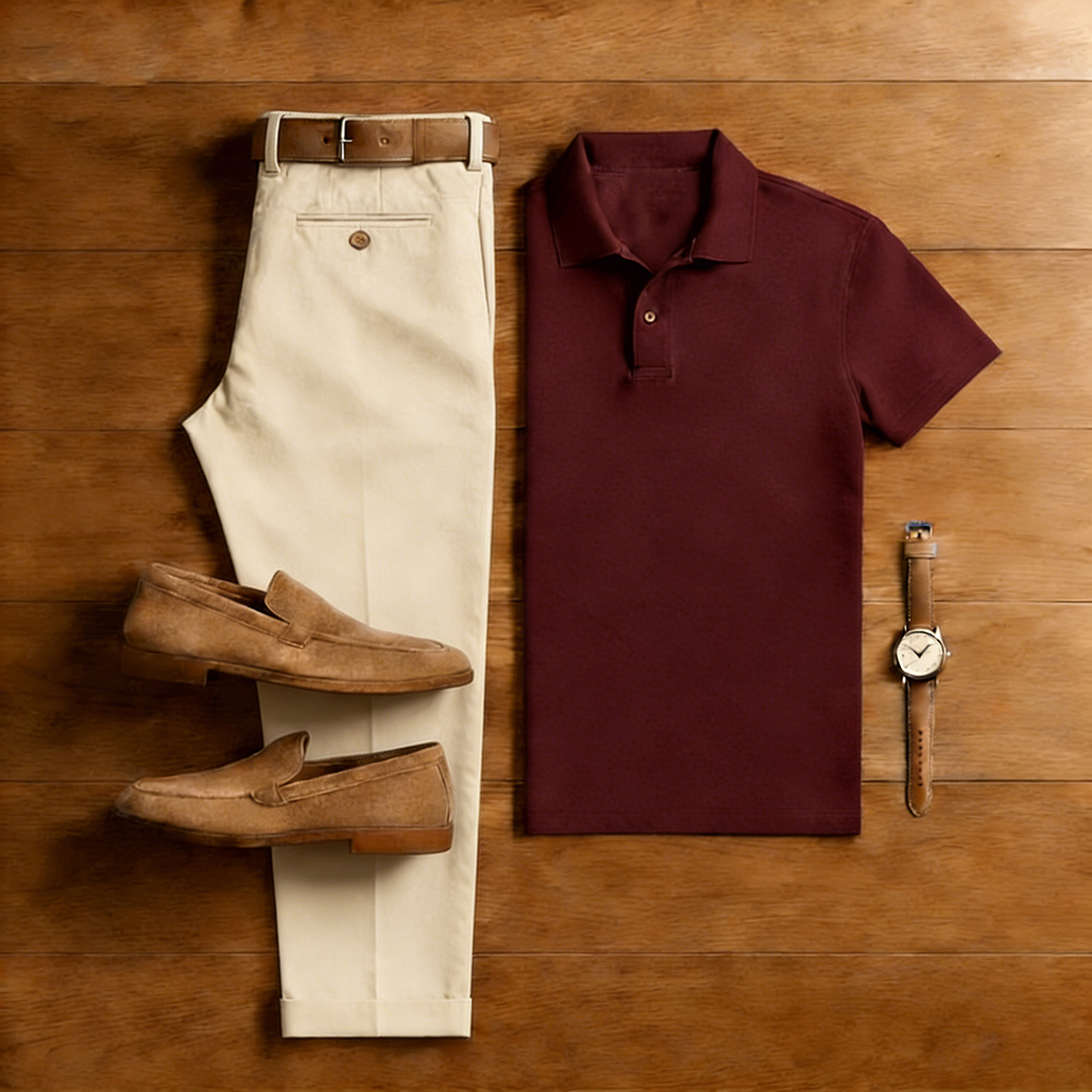 Men's Casual Burgundy & Apricot Solid Color Matching Short Sleeved Polo Shirt & Trousers Two-Piece Set
