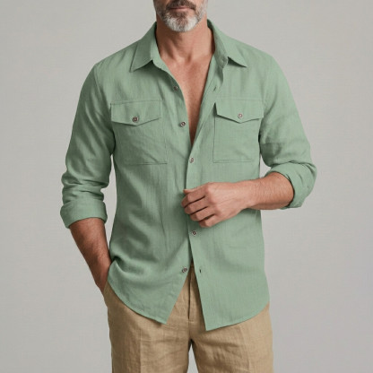 Men's Casual Solid Color Flap Pockets Single Breasted Long Sleeve Shirt